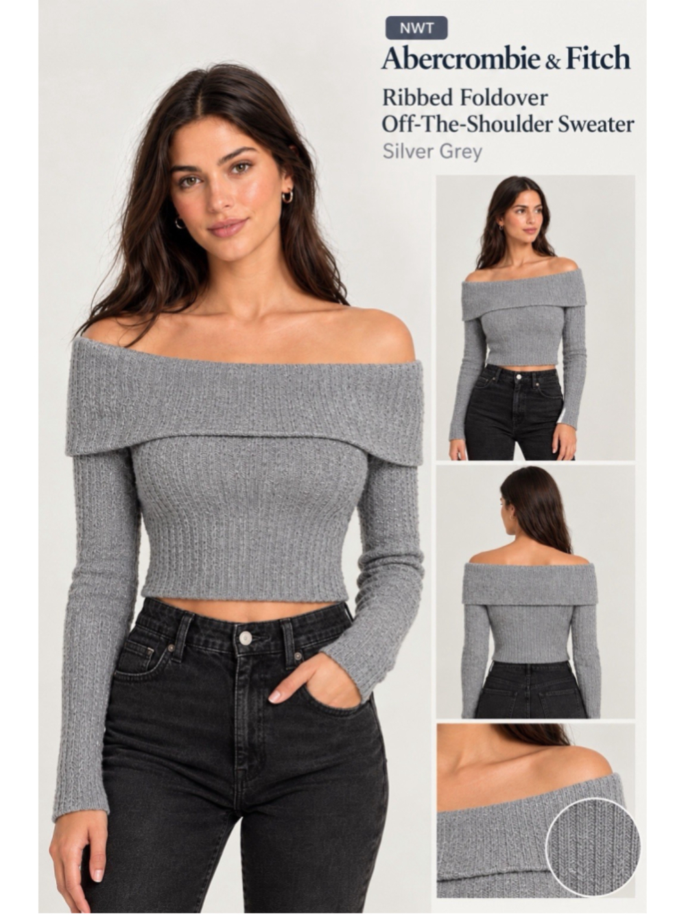 NWT Abercrombie & Fitch Ribbed Foldover Off-The-Shoulder Sweater Silver Grey S
